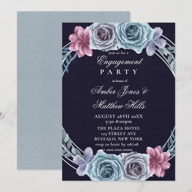 Invitation Marine Dusty Blue Rose Floral (Devant / Derrière)