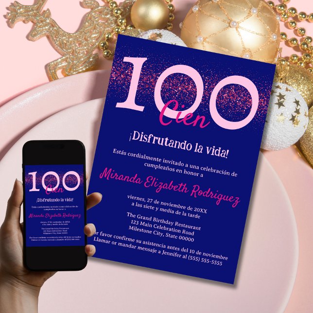 Invitation Marine espagnole rose vif chic femmes 100e anniver (Créateur téléchargé)