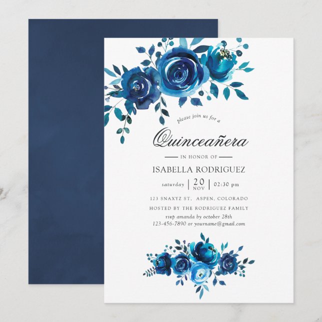 Invitation Marine et aquarelle blanche Floral Quinceañera (Devant / Derrière)