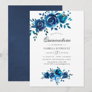 Invitation Marine et aquarelle blanche Floral Quinceañera
