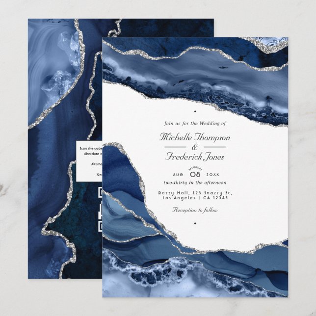 Invitation Marine et Argent Agate QR Code RSVP Mariage (Devant / Derrière)