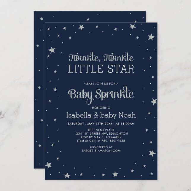 Invitation Marine et Argent | Baby shower Twinkle Little Star (Devant / Derrière)