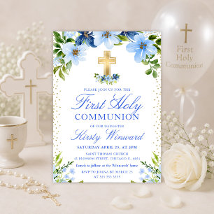 Invitation Marine et Baby Blue Flowers Première communion sai