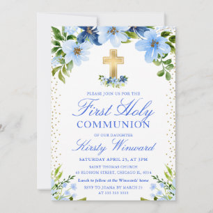 Invitation Marine et Baby Blue Flowers Première communion sai