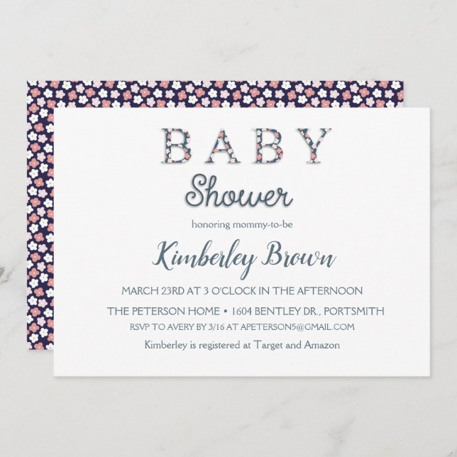Invitation Marine et Baby shower rose Ditsy Floral Retro (Devant / Derrière)