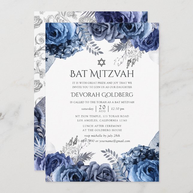 Invitation Marine et blanc avec Bat mitzvah floral à huile d' (Devant / Derrière)