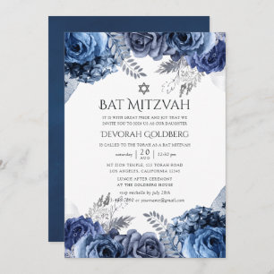 Invitation Marine et blanc avec Bat mitzvah floral à huile d'