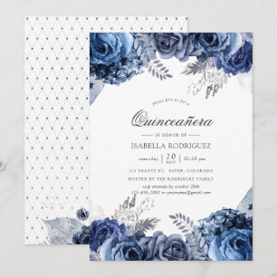 Invitation Marine et blanc avec huile d'argent Floral Quincea