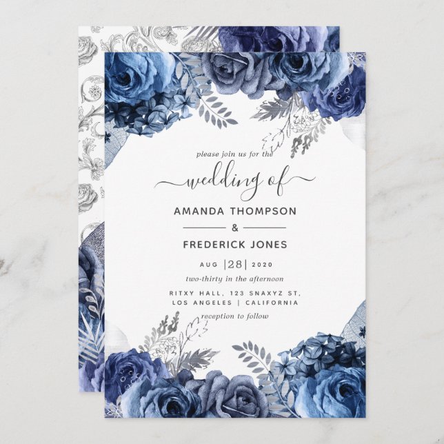 Invitation Marine et blanc avec Mariage floral à huile d'arge (Devant / Derrière)
