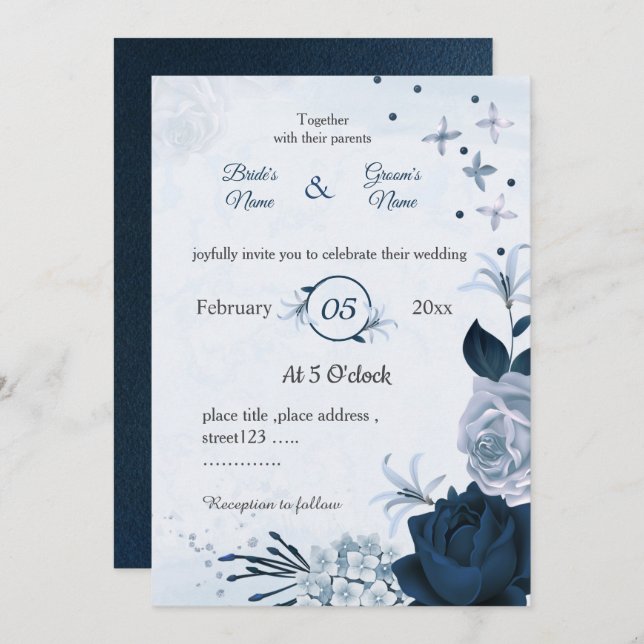 Invitation marine et bleu poussiéreux fleurs mariage botaniqu (Devant / Derrière)