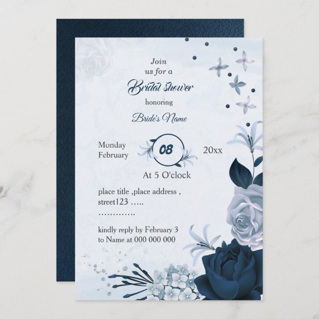 Invitation marine et bleu poussiéreux fleurs nuptiale (Devant / Derrière)
