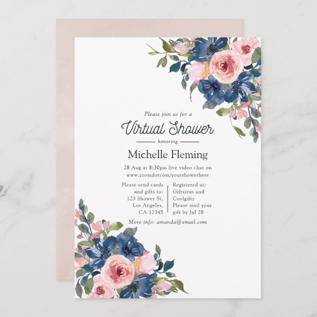 Invitation Marine et Blush Floral Baby shower virtuel (Devant / Derrière)
