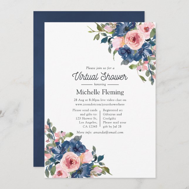 Invitation Marine et Blush Floral Baby shower virtuel (Devant / Derrière)