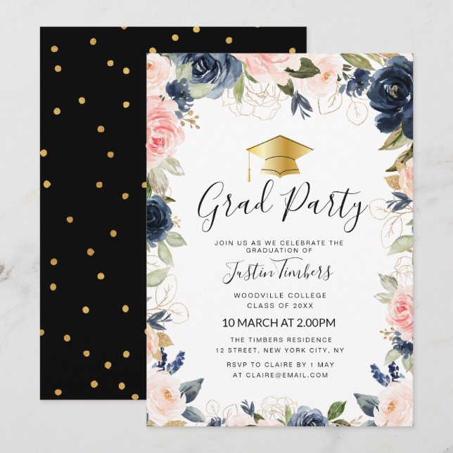 Invitation marine et blush floral grad party (Devant / Derrière)