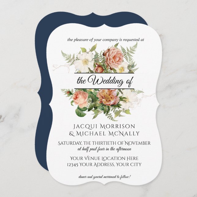 Invitation Marine et Blush Peony, Roses w Fern Wreath Mariage (Devant / Derrière)