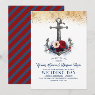 Invitation Marine et Bourgogne Floral Ancre Mariage nautique