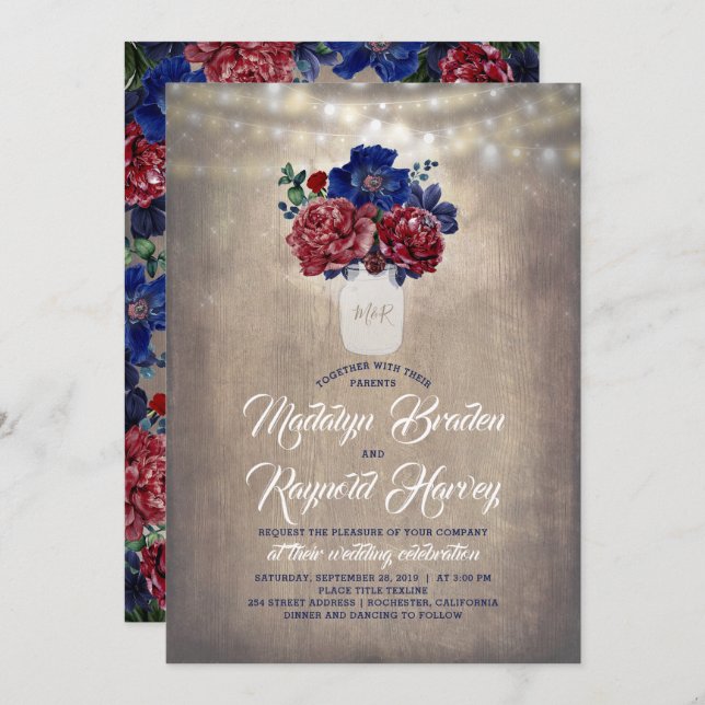 Invitation Marine et Bourgogne Floral Mason Jar Mariage rusti (Devant / Derrière)
