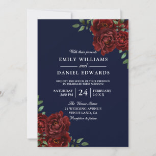 Invitation Marine et Bourgogne Rouge Romantique Rose Mariage