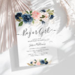 Invitation marine et des fleurs rougissantes bébé genre révél<br><div class="desc">Floral bébé genre révèle invitation de fête avec de belles fleurs d'aquarelle bleu et rose.</div>