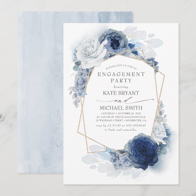 Invitation Marine et Dusty Blue Floral Modern Engagement Part (Devant / Derrière)