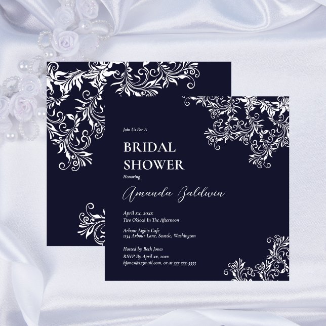 Invitation Marine et Fête des mariées blanche élégante (Navy and White Elegant Bridal Shower Invitation)
