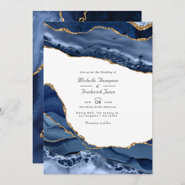 Invitation Marine et Gold Agate Stone QR Code RSVP Mariage (Devant / Derrière)
