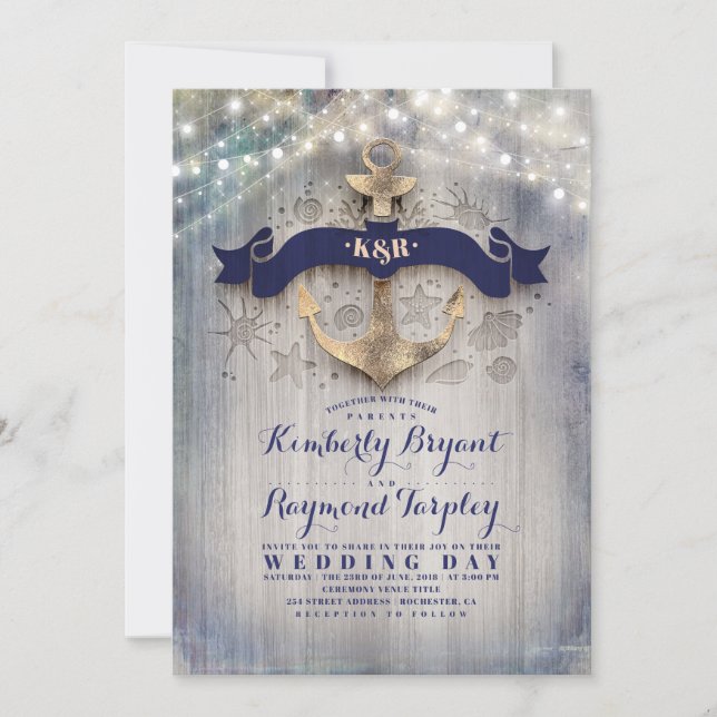 Invitation Marine et Gold Nautical Rustic Ancre Plage Mariage (Devant)
