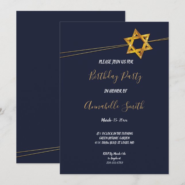 Invitation Marine et Golden Star de David Anniversaire (Devant / Derrière)