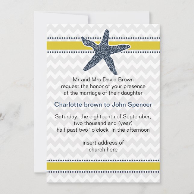 Invitation Marine et Jaune Starfish Beach Mariage papeterie (Devant)