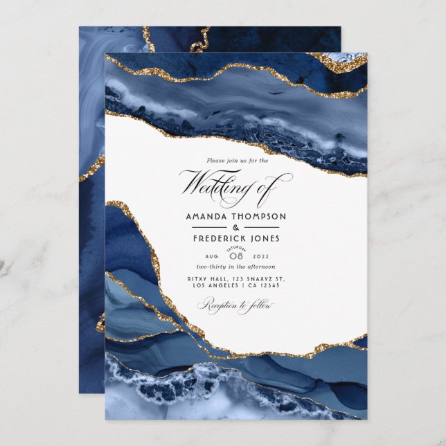 Invitation Marine et or Agate Pierre Mariage Photo (Devant / Derrière)