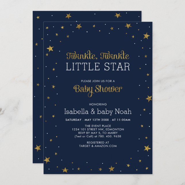 Invitation Marine et Or | Baby shower Twinkle Little Star (Devant / Derrière)