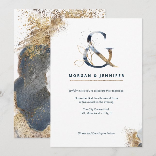Invitation Marine et or de l'ampersan boho moderne (Devant / Derrière)