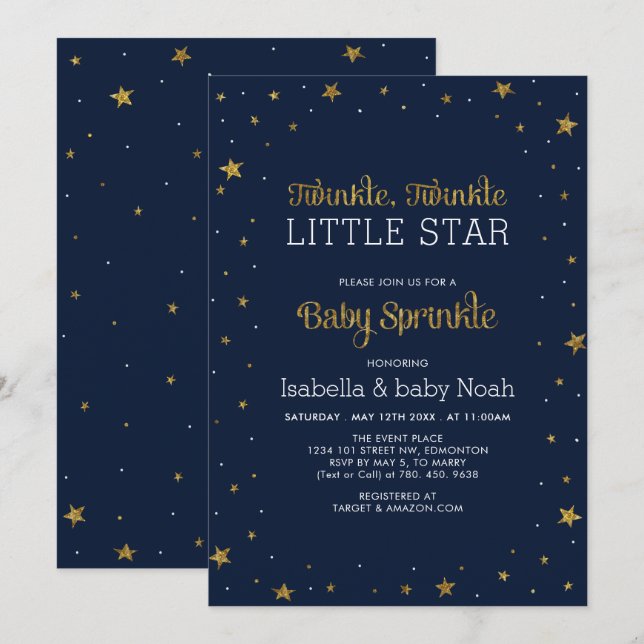 Invitation Marine et Or | Twinkle Little Star Baby Sprinkle (Devant / Derrière)