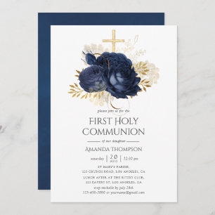 Invitation Marine et or Vintage Shabby Roses sainte communion