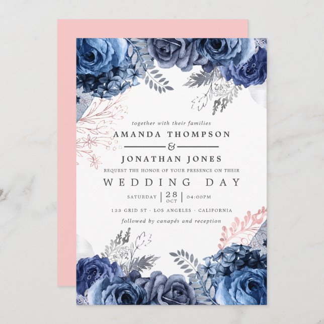 Invitation Marine et rose avec Mariage floral à huile d'argen (Devant / Derrière)