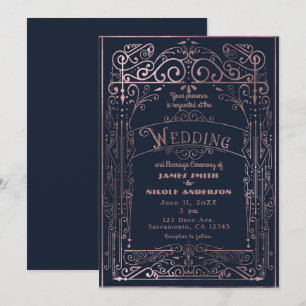 Invitation Marine et Rose Gold Vintage Victorian Déco Mariage
