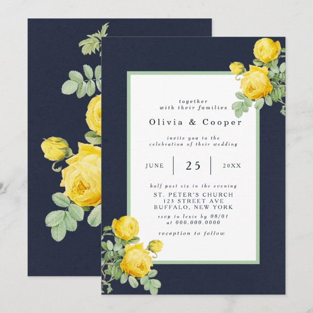 Invitation Marine et Rose jaune Mariage romantique (Devant / Derrière)