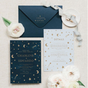 Invitation Marine étoile d'or céleste Lune mariage élégant