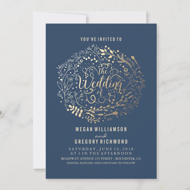 Invitation Marine Faux Gold Foil Floral Bouquet Mariage (Devant)