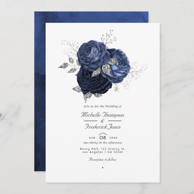 Invitation Marine & Faux Parties scintillant Argent Floral QR (Devant / Derrière)