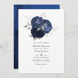 Invitation Marine & Faux Parties scintillant Argent Floral QR