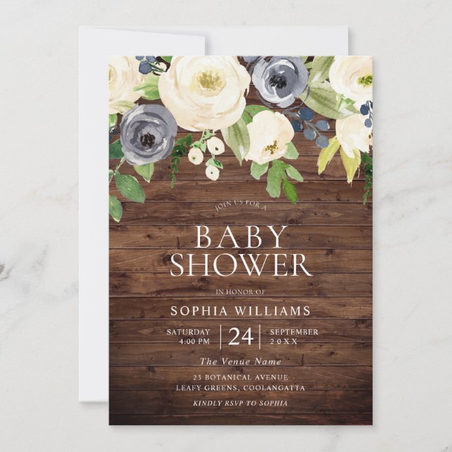 Invitation Marine & Fleurs blanches Baby shower rustique en b (Devant)
