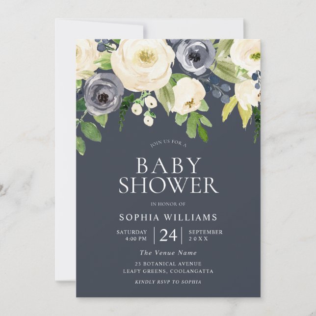 Invitation Marine & Fleurs Blanches Fille Garçon Baby shower  (Devant)