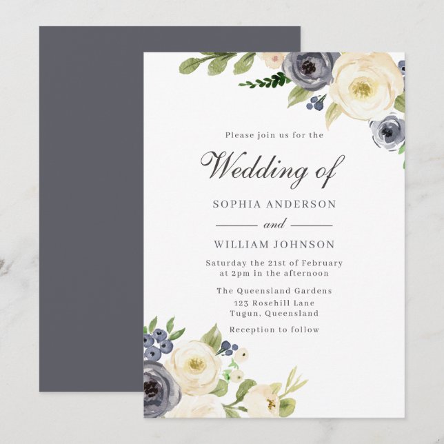 Invitation Marine & Fleurs Blanches Mariage pur et élégant (Devant / Derrière)