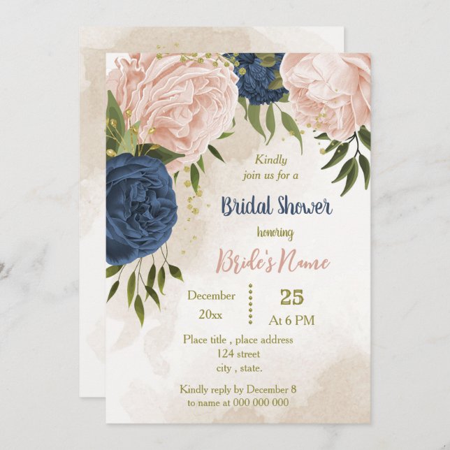 Invitation marine fleurs rousses vert feuille douche nuptiale (Devant / Derrière)