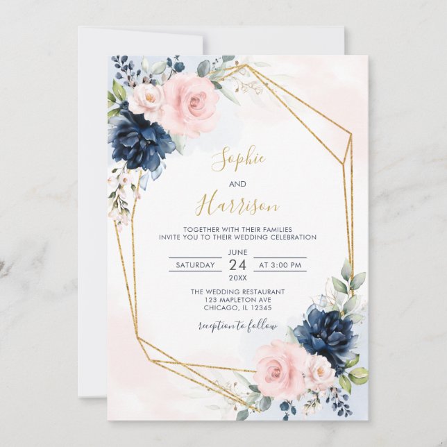 Invitation  Marine géométrique moderne et Mariage floral (Devant)