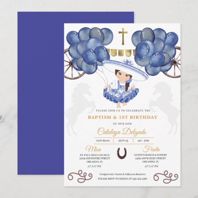 Invitation Marine & Gold Baby Charra Ballons mexicains Baptêm (Devant / Derrière)