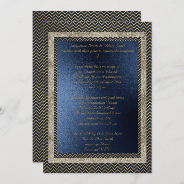 Invitation Marine Gold Chevron élégante papeterie de mariage (Devant / Derrière)