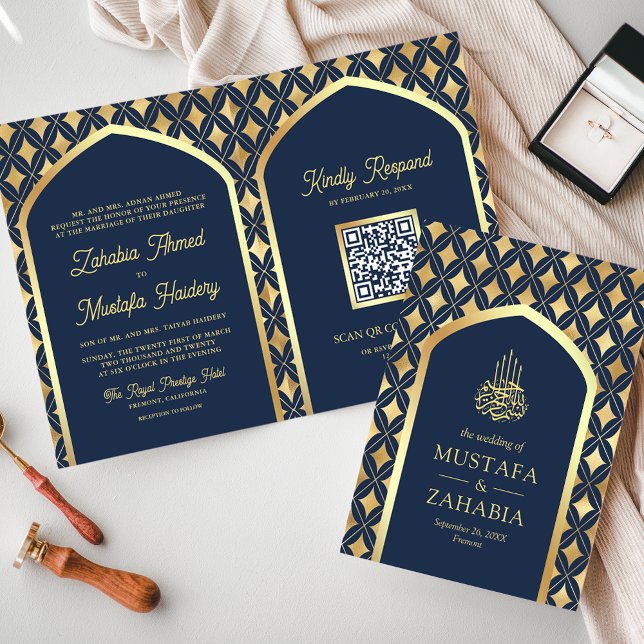 Invitation Marine Gold Diamonds Arch QR Code Mariage musulman (Créateur téléchargé)