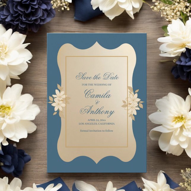 Invitation Marine Gold Floral Boho Mariage Enregistrer La Dat (Créateur téléchargé)